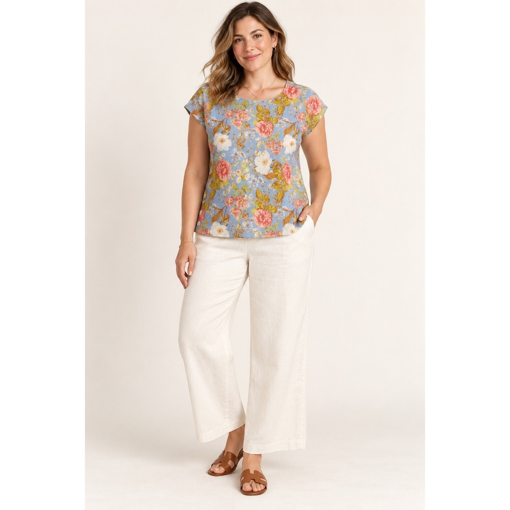 Joie 100% Linen Floral Cap Sleeve Top Blue Pink Boho Cottagecore Large